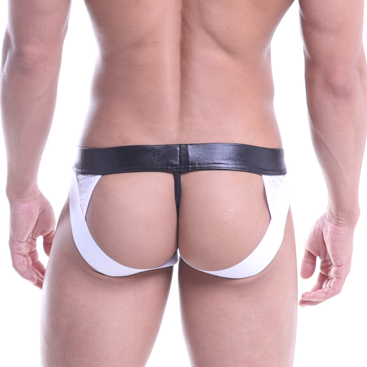 Black and white leather-like briefs with shiny sleek design from metromalewear super jock strap white 2001-03