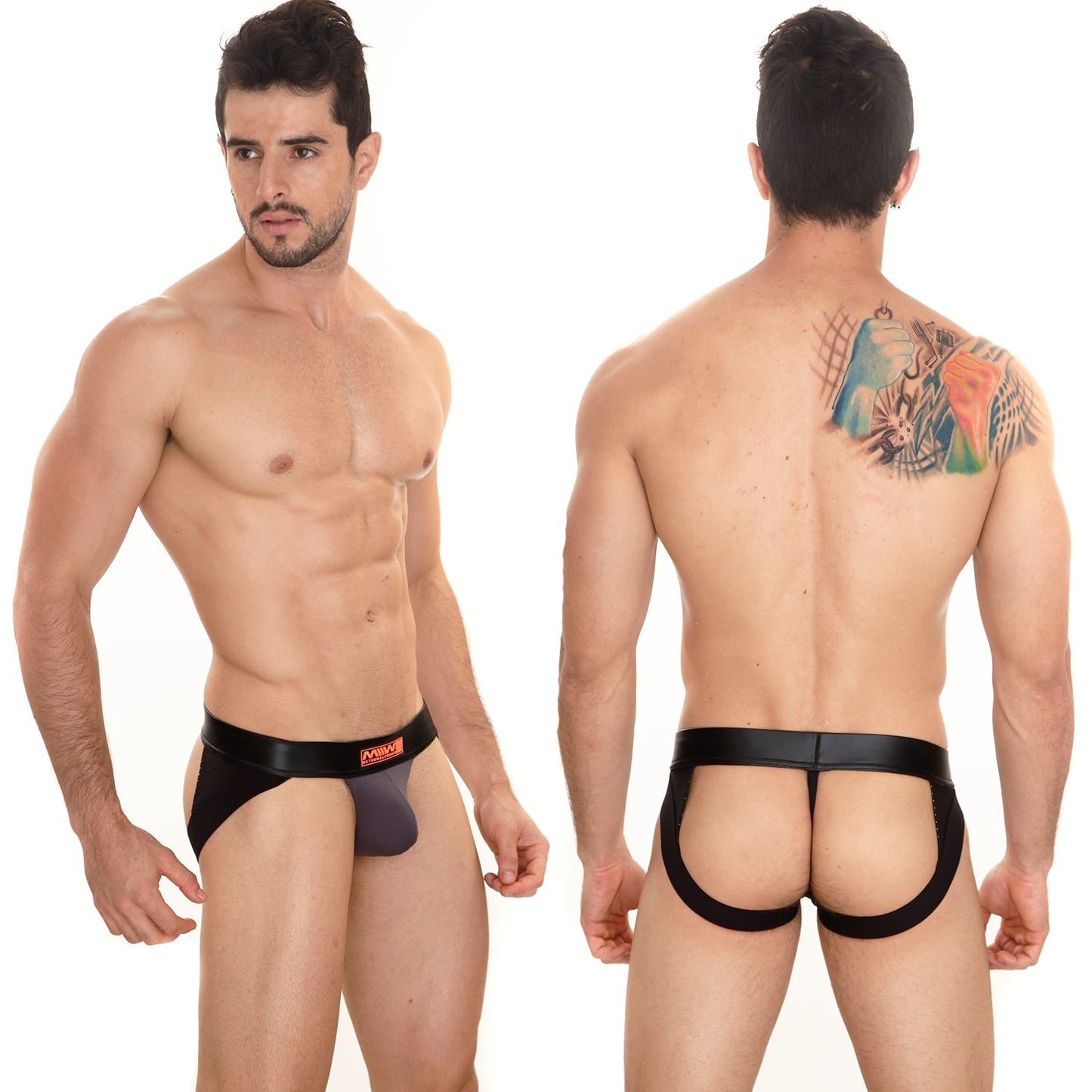 MetroMaleWear Super jock strap charcoal 2001-11 black leather thong with purple inner panel and orange waistband logo