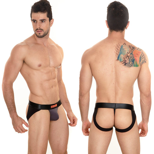 MetroMaleWear Super jock strap charcoal 2001-11 black leather thong with purple inner panel and orange waistband logo