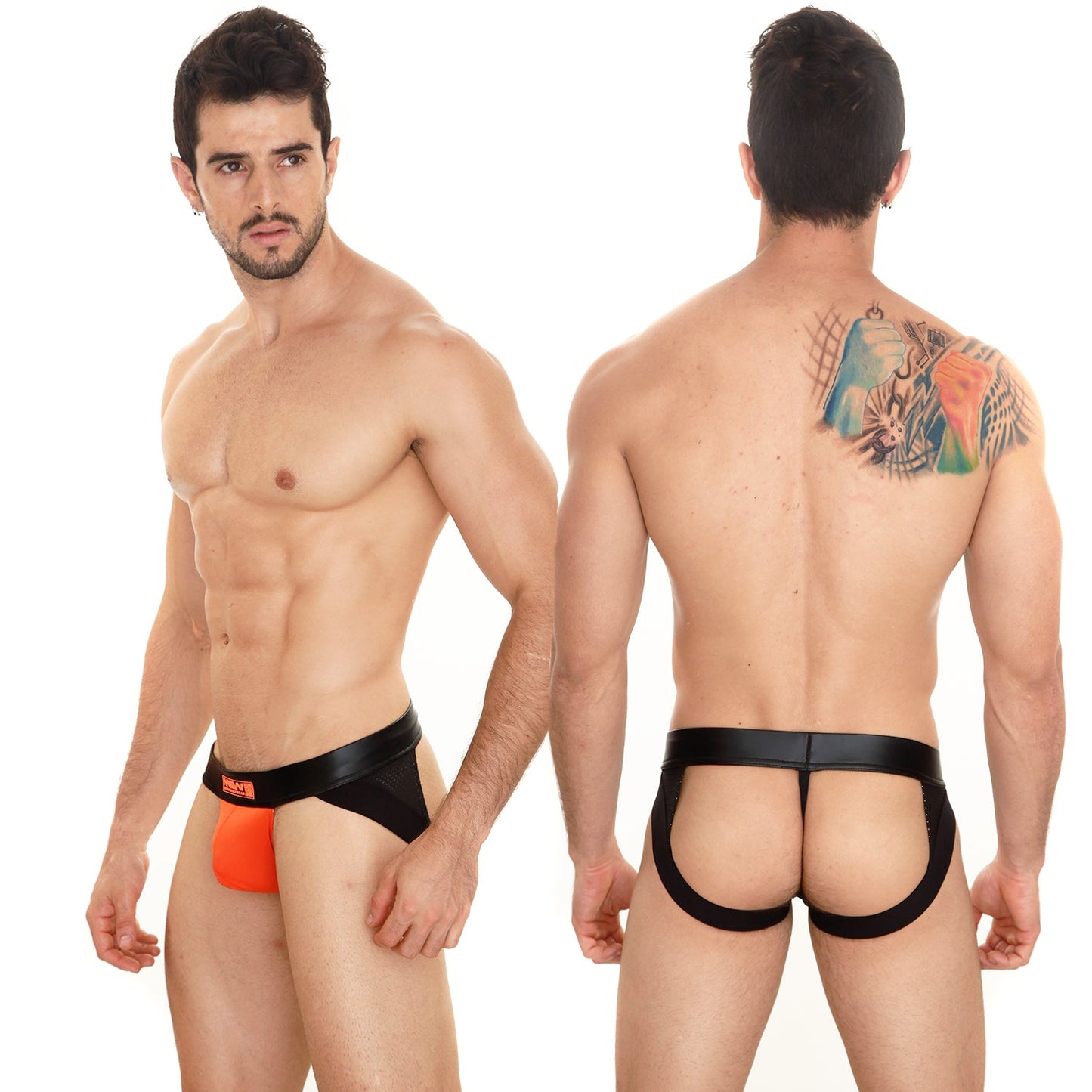 Black and orange mens thong with black elastic waistband featuring MetroMaleWear logo for stylish support