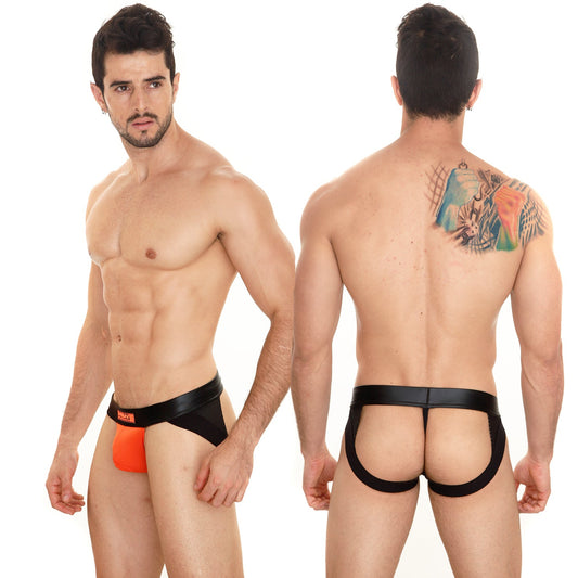 Black and orange mens thong with black elastic waistband featuring MetroMaleWear logo for stylish support