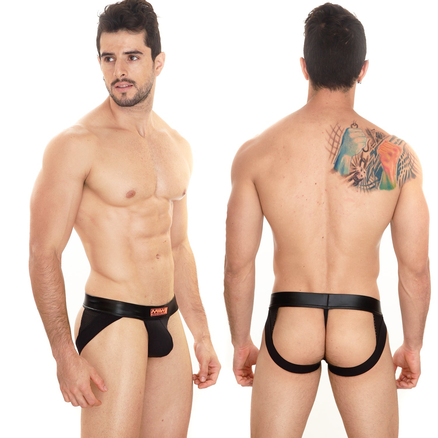 Black leather-like MetroMaleWear super jock strap with wide waistband and rear cutouts shown from the back side
