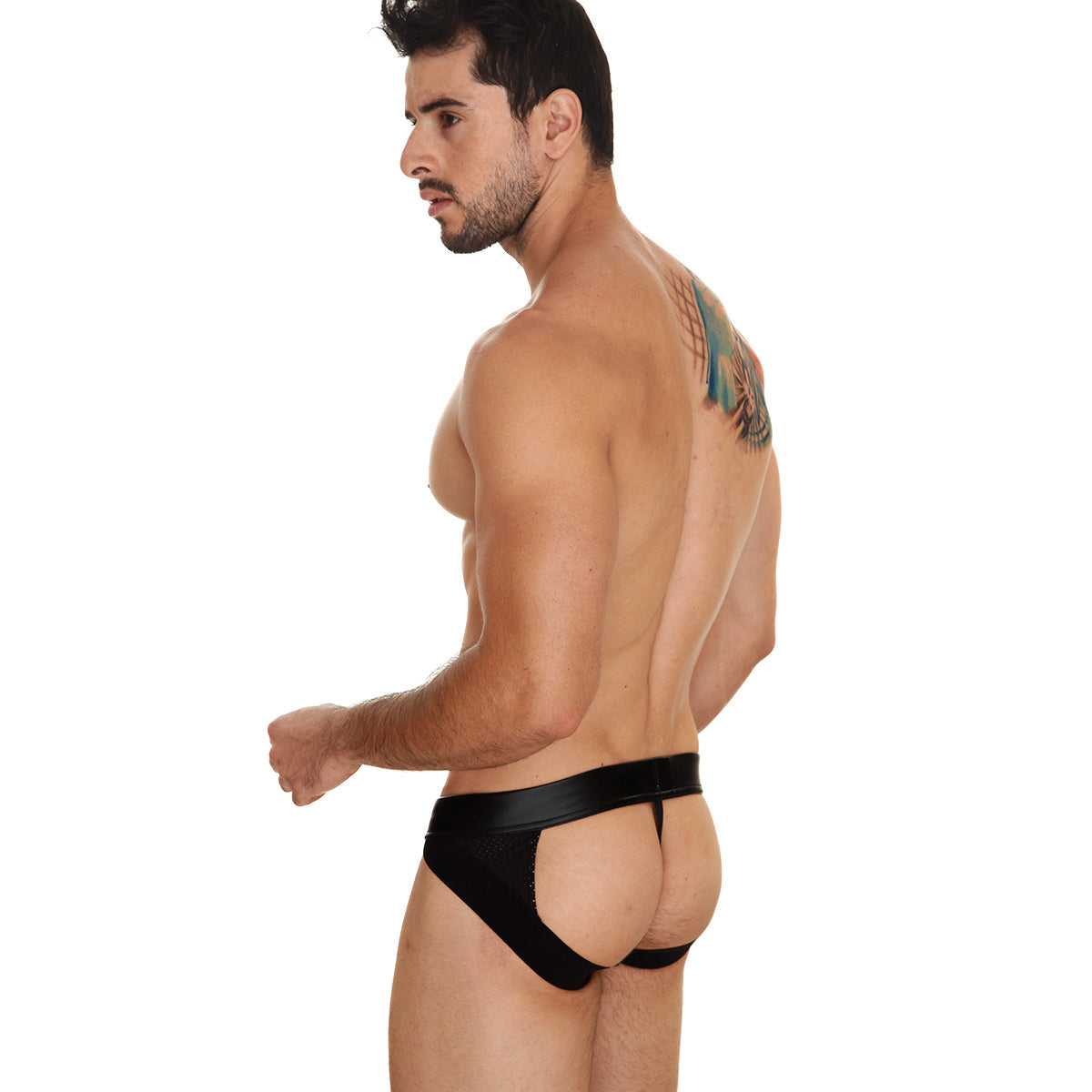 Black leather-like briefs with wide waistband and cutout design from MetroMaleWear Buffalo Jock Strap 2001-72