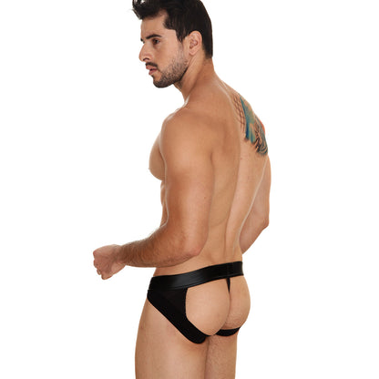 Black leather-like briefs with wide waistband and cutout design from MetroMaleWear Buffalo Jock Strap 2001-72