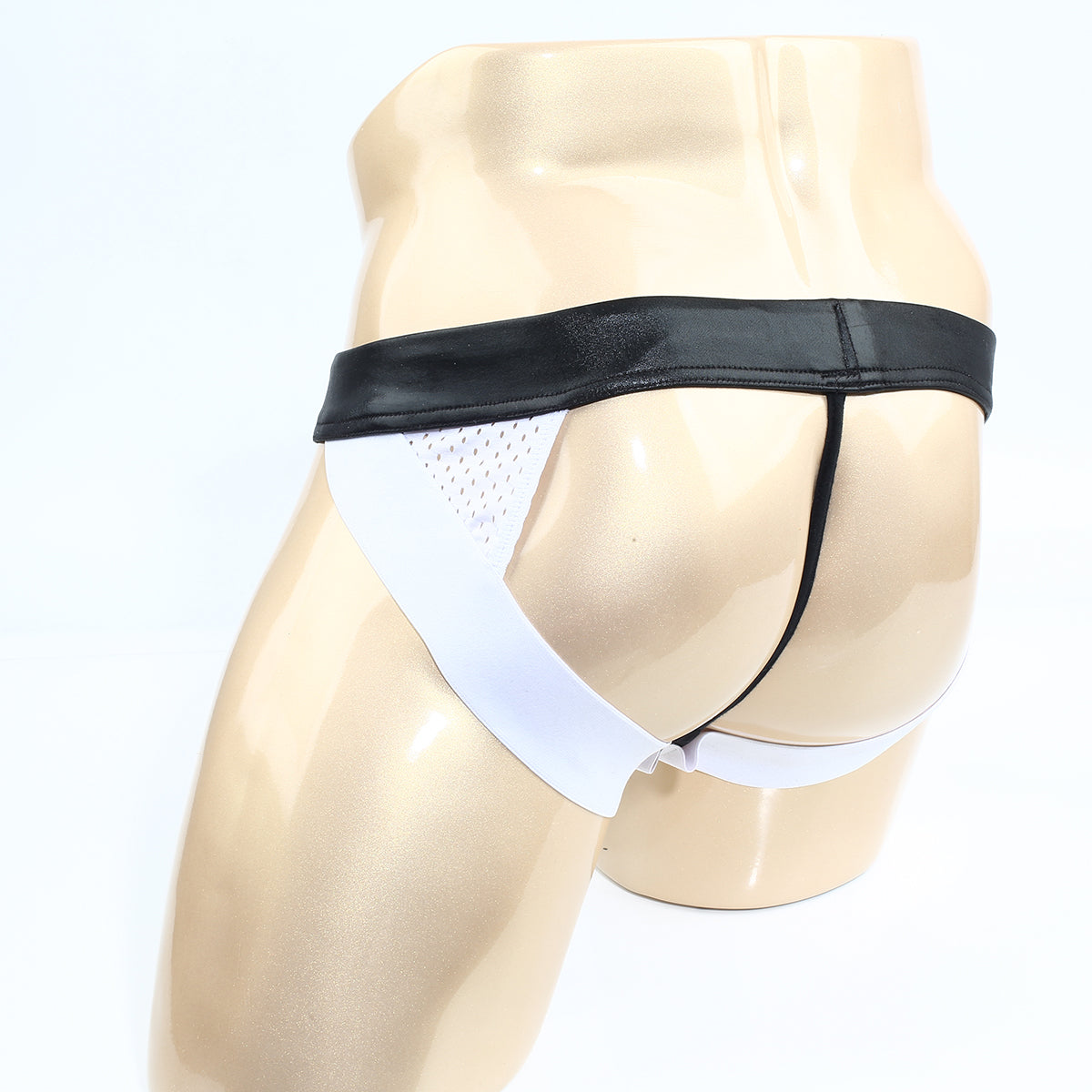 MetroMaleWear Wonder Jock strap 2001-73 black and white thong with shiny waistband mesh sides and thin straps