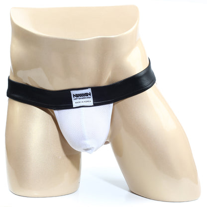 White mesh briefs with black leather-like waistband and anrby label from metromalewear wonder jock strap 2001-73