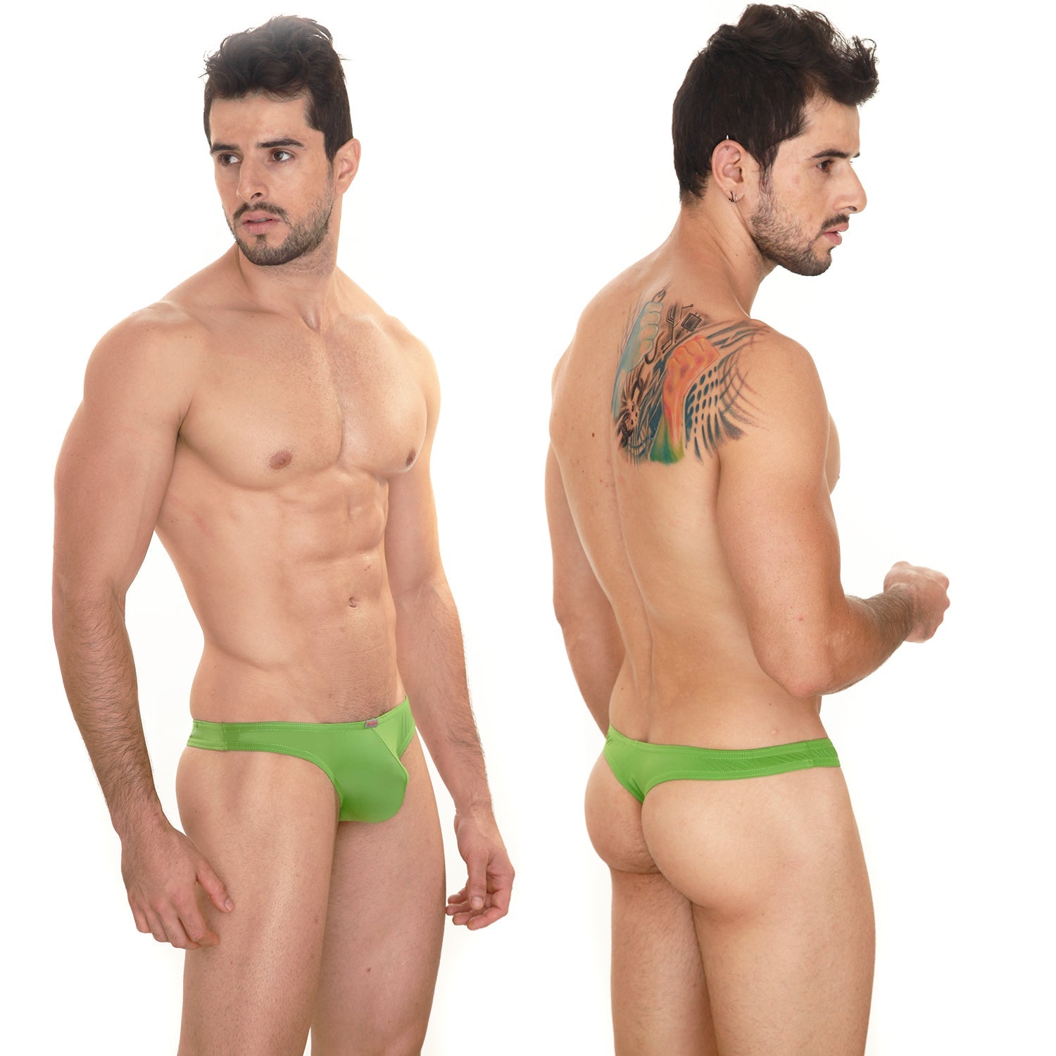 Bright green form-fitting MetroMaleWear Perfect Scene Askin men’s thong briefs designed for comfort and style