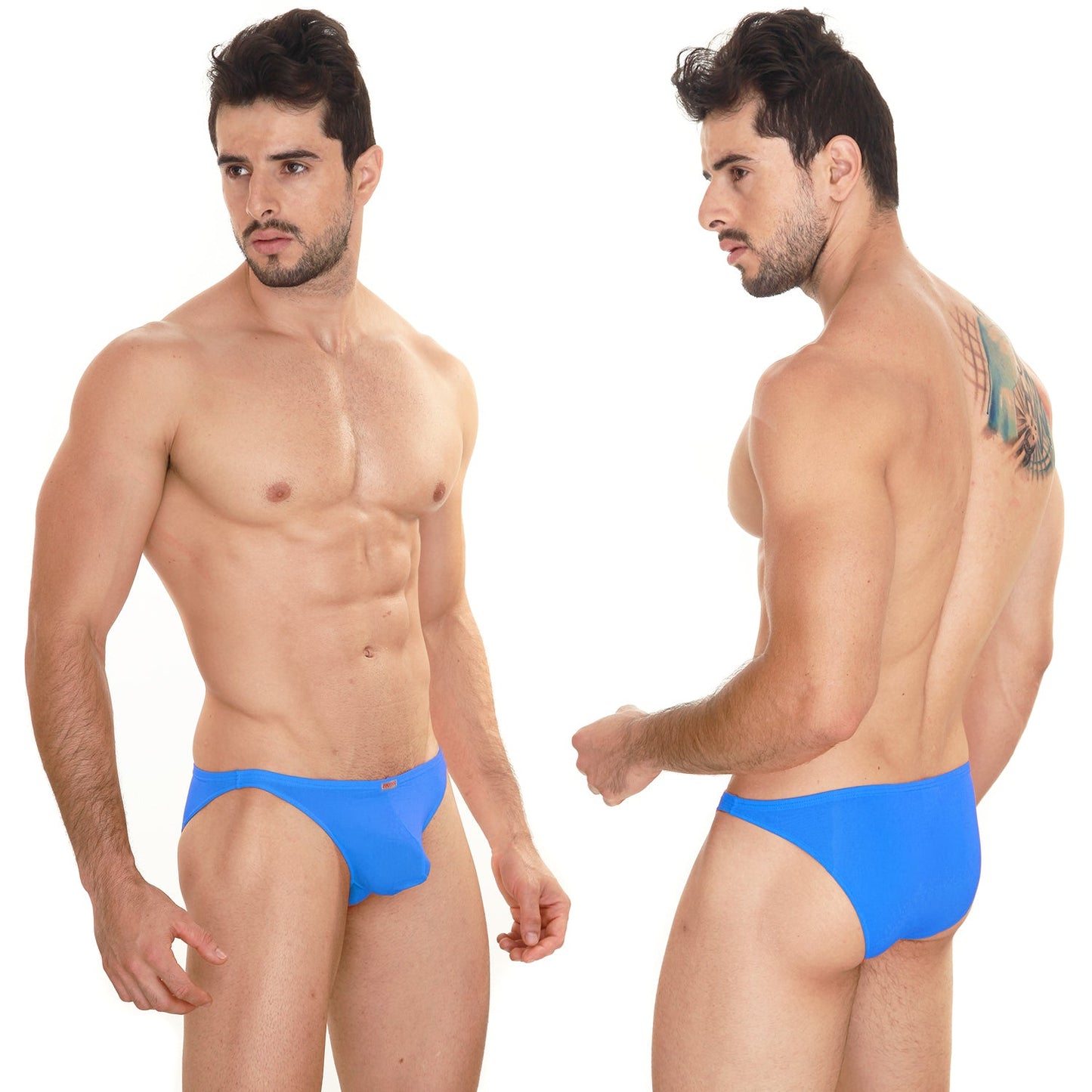 Bright blue form-fitting swim trunks with subtle MetroMaleWear logo designed for sunbathing and beachwear