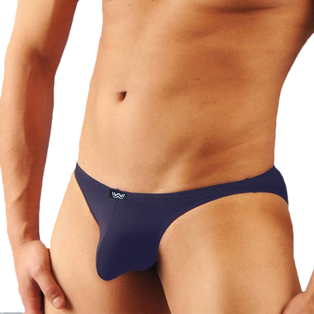 Navy blue men’s thong with small white logo on waistband from MetroMaleWear sunbathing bikini collection