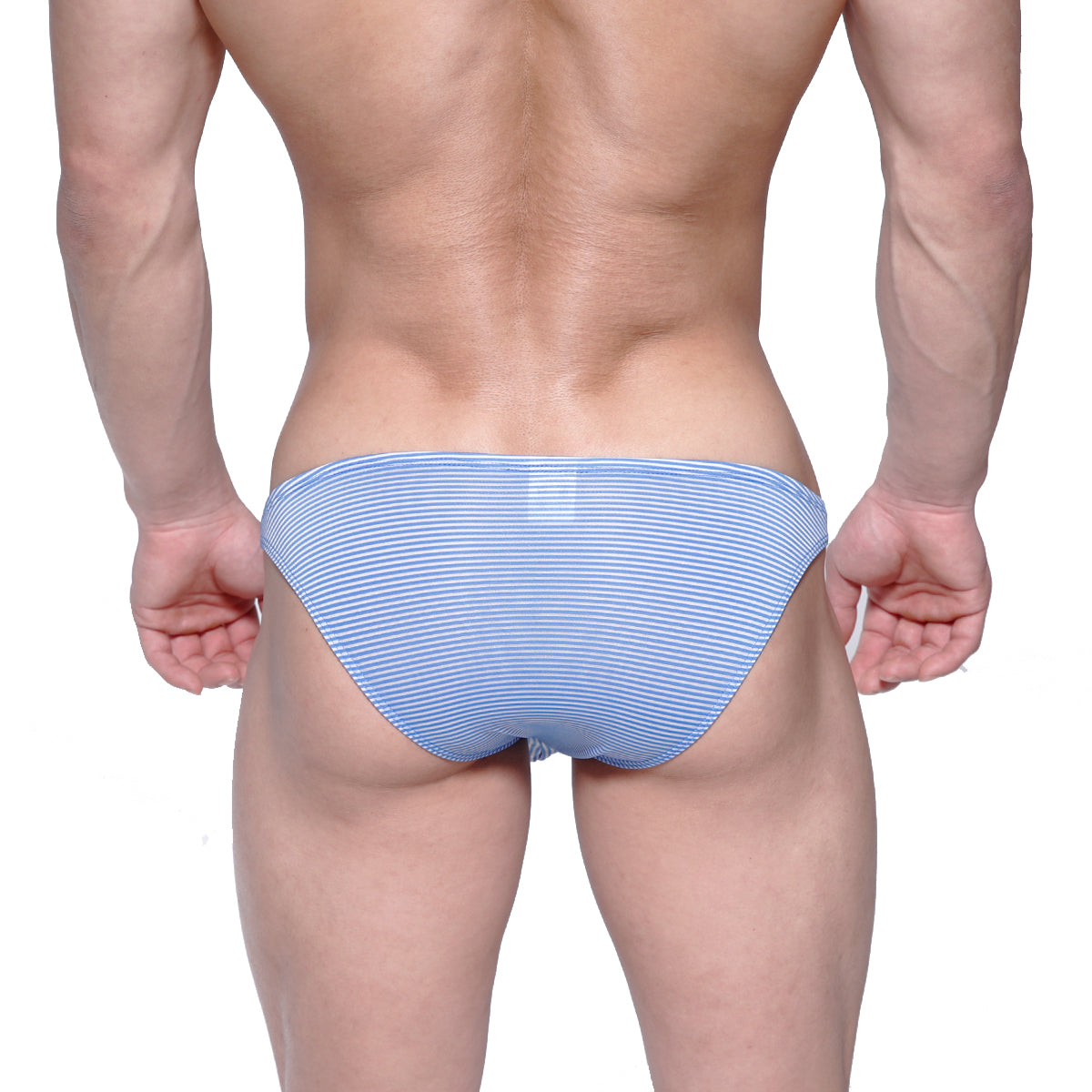 Light blue and white striped men’s briefs by metromalewear sunbathing bikini 2004-40 made of soft fabric