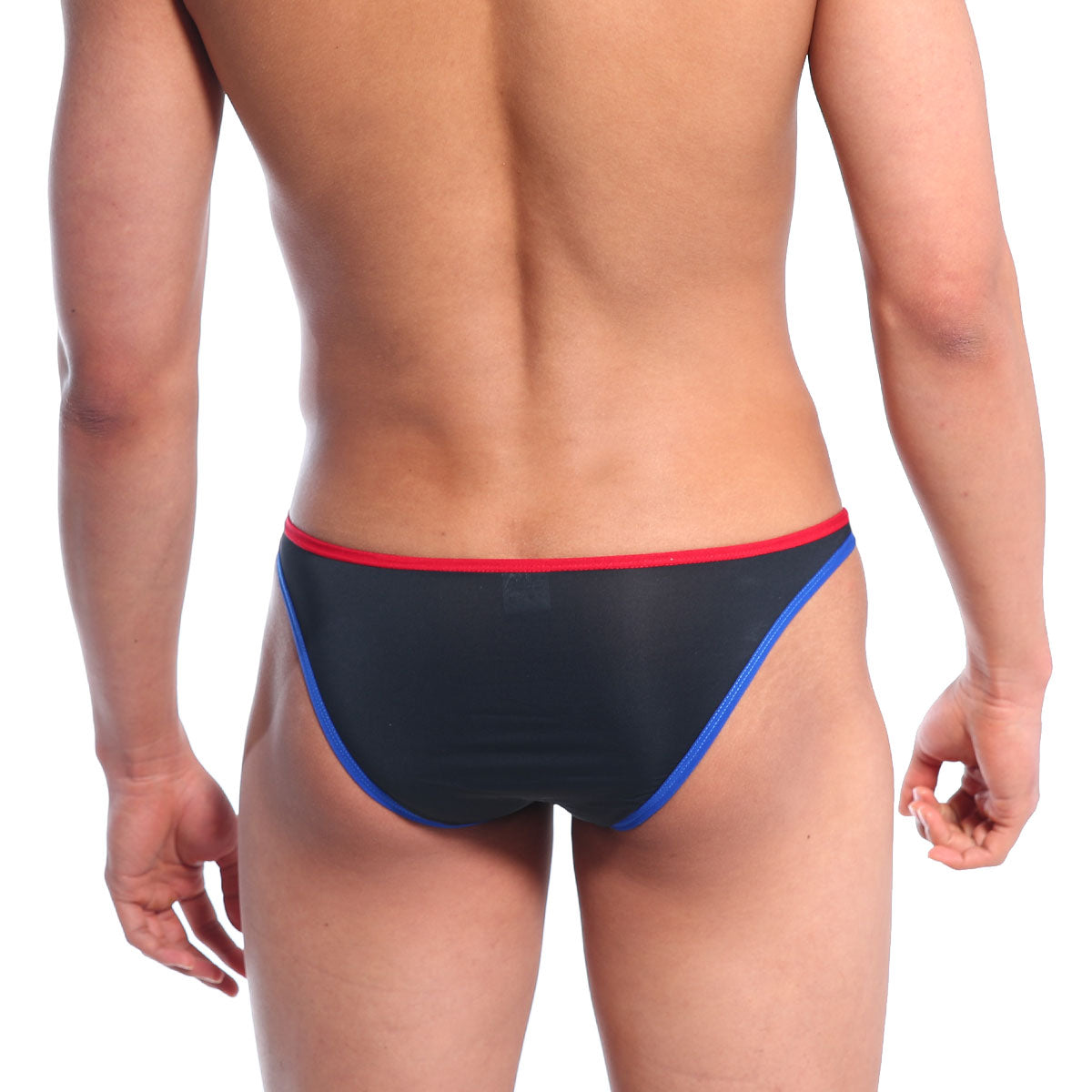 Black mesh briefs with red and blue trim from MetroMaleWear Sunbathing Bikini Italic Black 2004-51 front view
