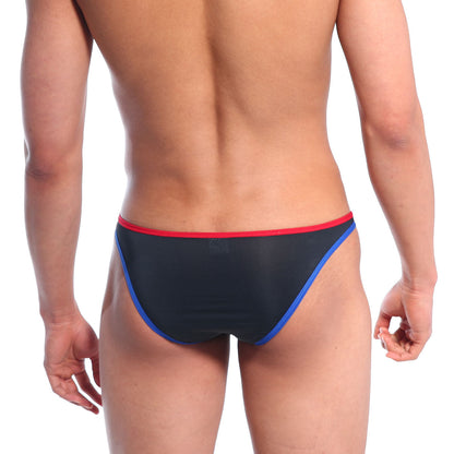 Black mesh briefs with red and blue trim from MetroMaleWear Sunbathing Bikini Italic Black 2004-51 front view