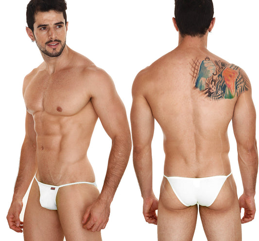 White metro male wear string bikini briefs with small black logo on left hipband designed for comfortable fit