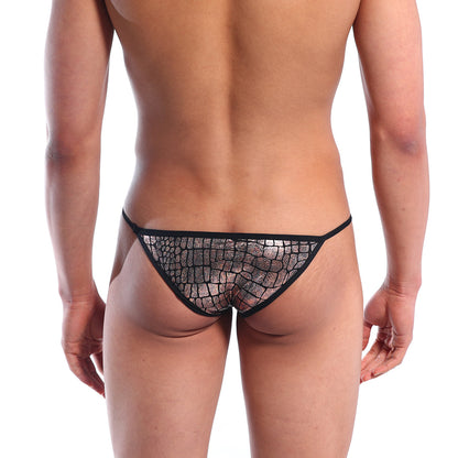 Black lace thong with subtle metallic gold crocodile-scale pattern from MetroMaleWear string bikini collection