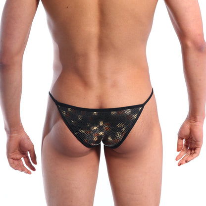 Black mesh thong with subtle gold and brown pattern metroMalewear string bikini dragon 2005-42 front view
