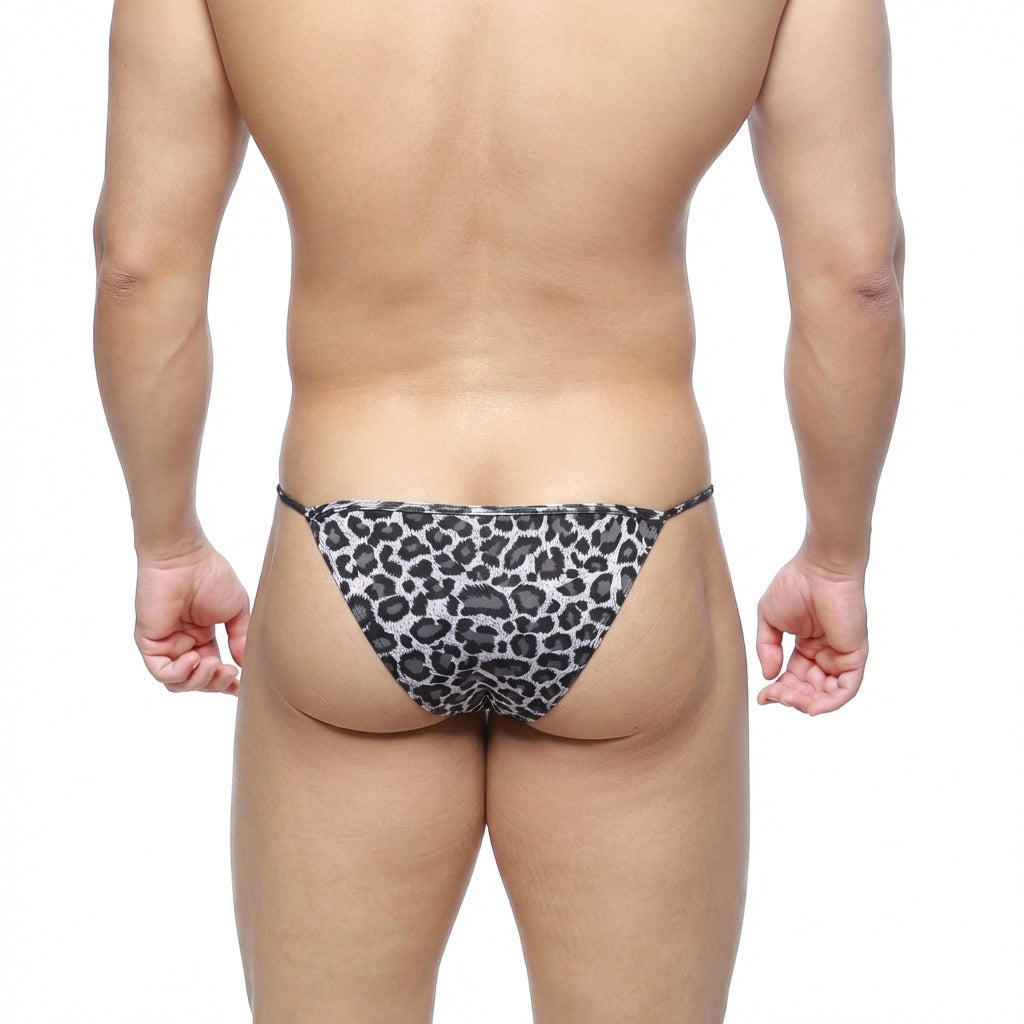 Black and white leopard-print thong bikini by metromalewear with string sides for a bold swimwear look