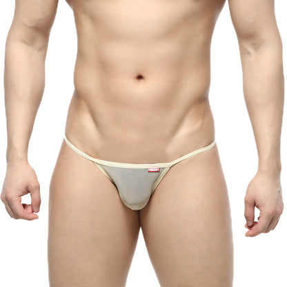 Beige mesh string bikini with matching elastic waistband and red brand tag from metromalewear nude 2005-76