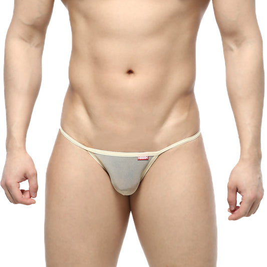 Beige mesh string bikini with matching elastic waistband and red brand tag from metromalewear nude 2005-76