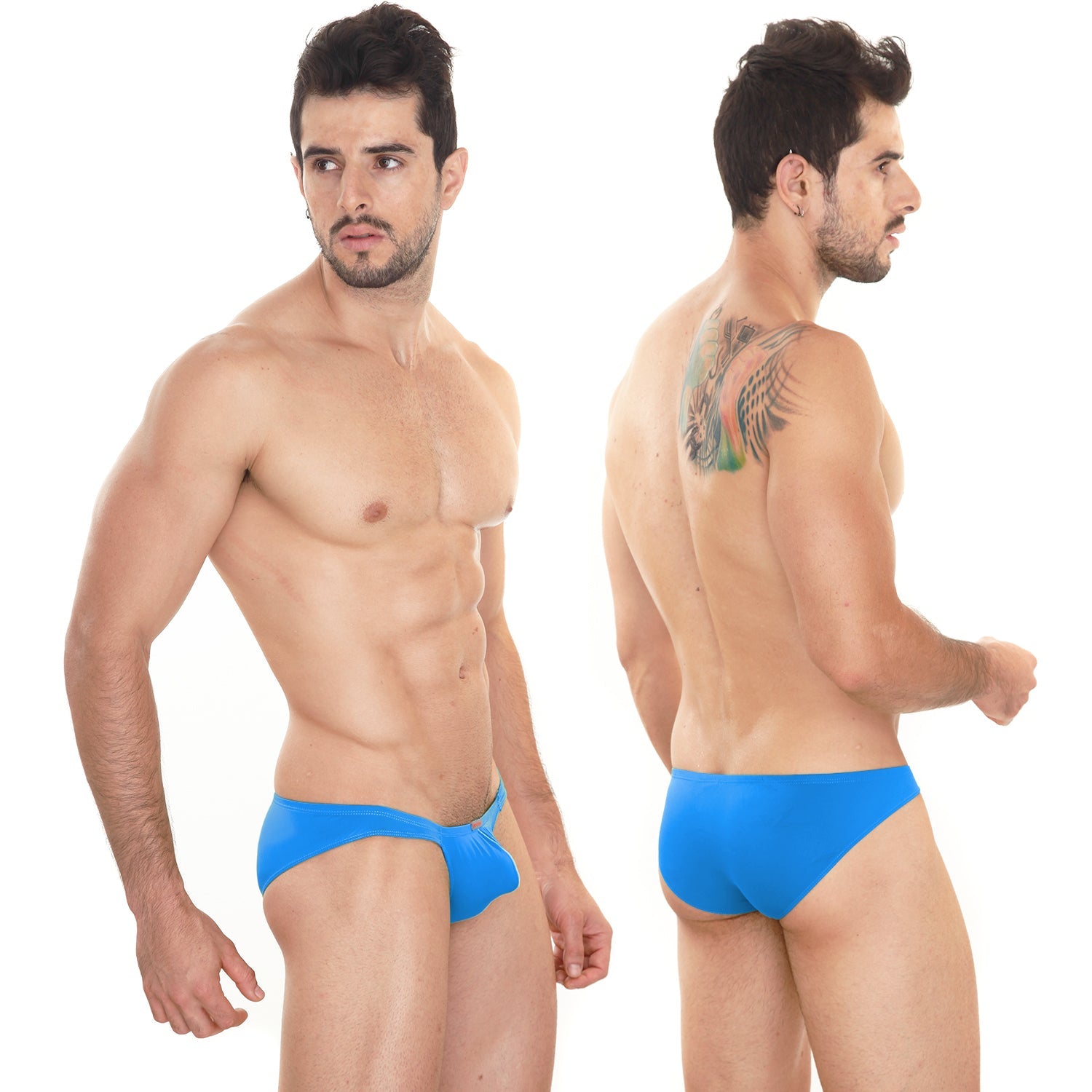 Bright blue form-fitting swim trunks by metromalewear with sleek modern design ideal for swimming and beachwear