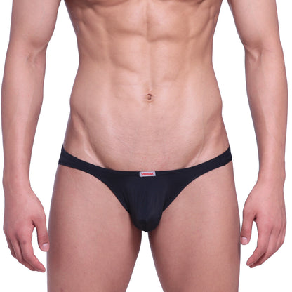 Black versace thong MetroMaleWear minimo hip brief with subtle red logo tag at the center of the waistband