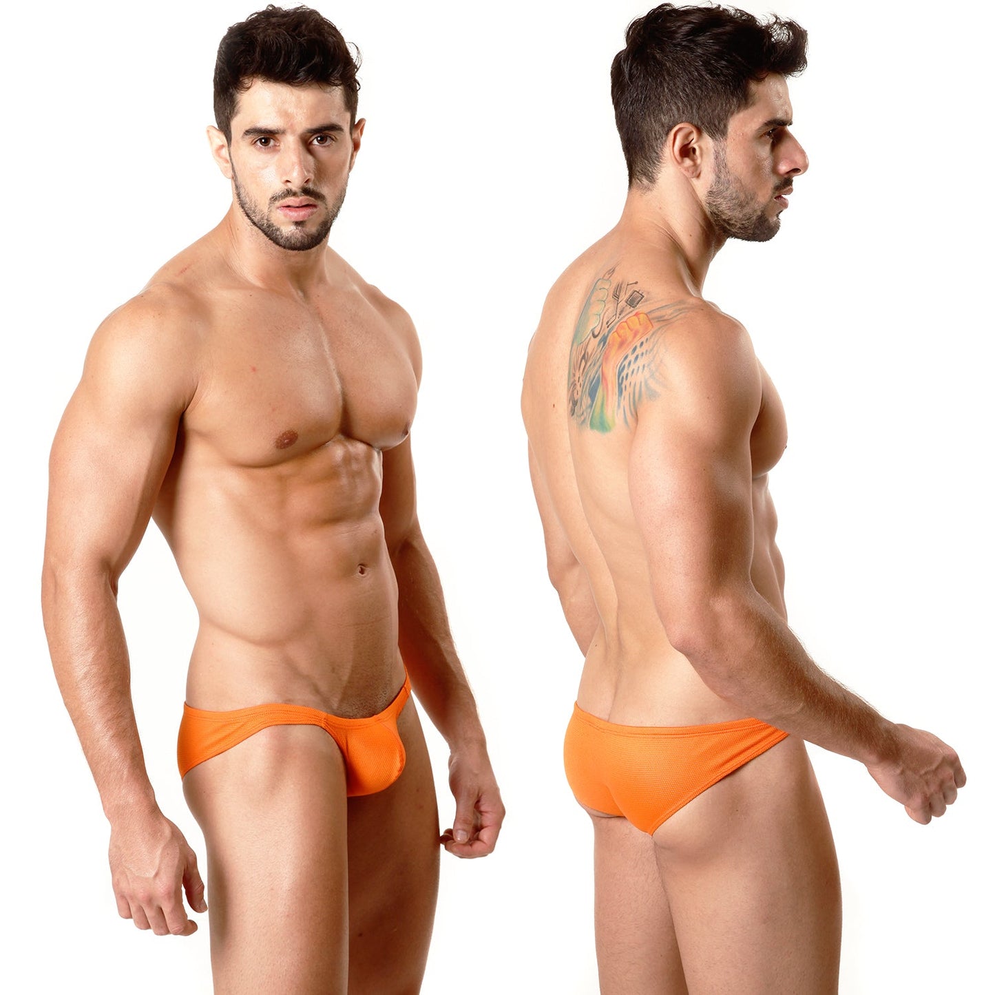 Bright orange form-fitting MetroMaleWear Minimo Hip Brief swim trunks with smooth metallic fabric finish