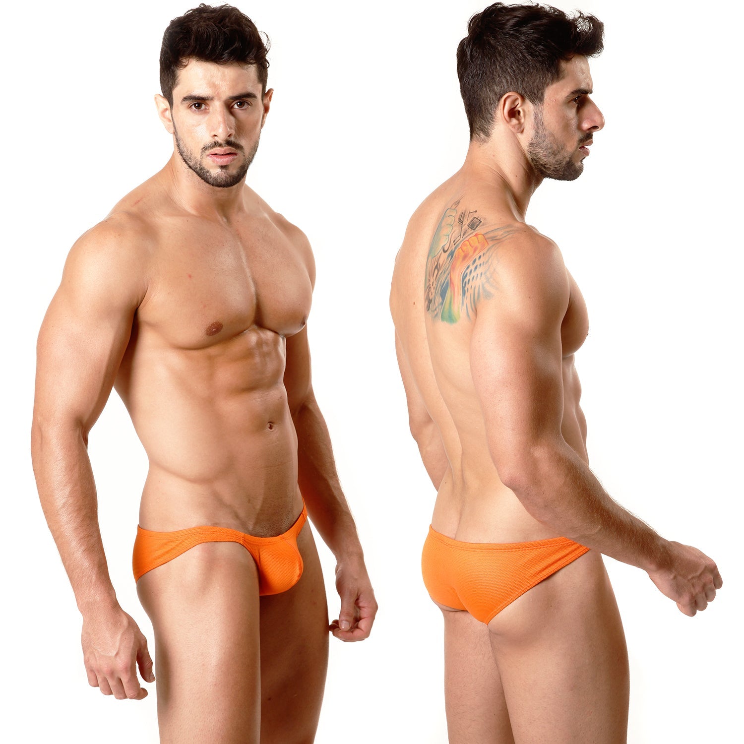 Bright orange form-fitting MetroMaleWear Minimo Hip Brief swim trunks with smooth metallic fabric finish