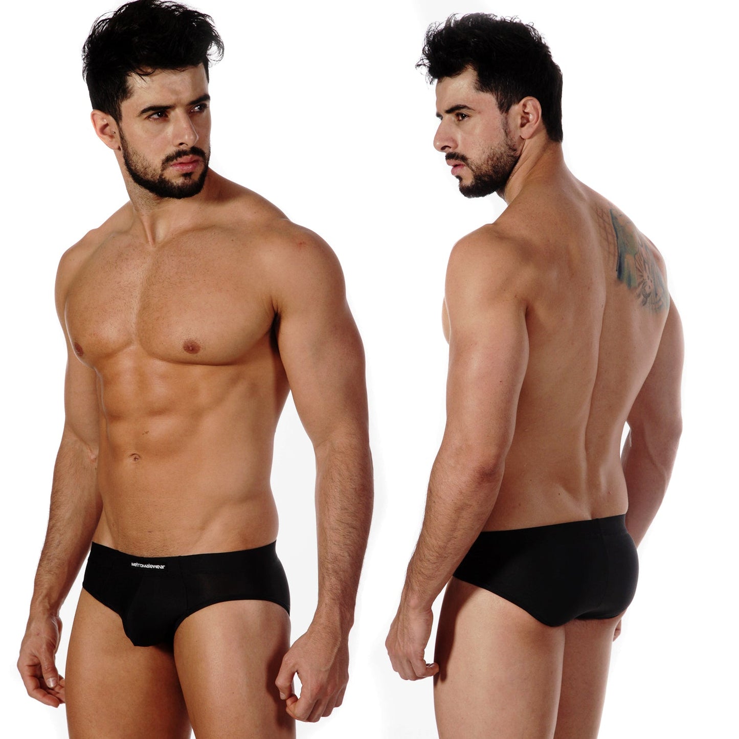 Black MetroMaleWear sunbathing briefs with a subtle white logo on the waistband designed for comfort and style