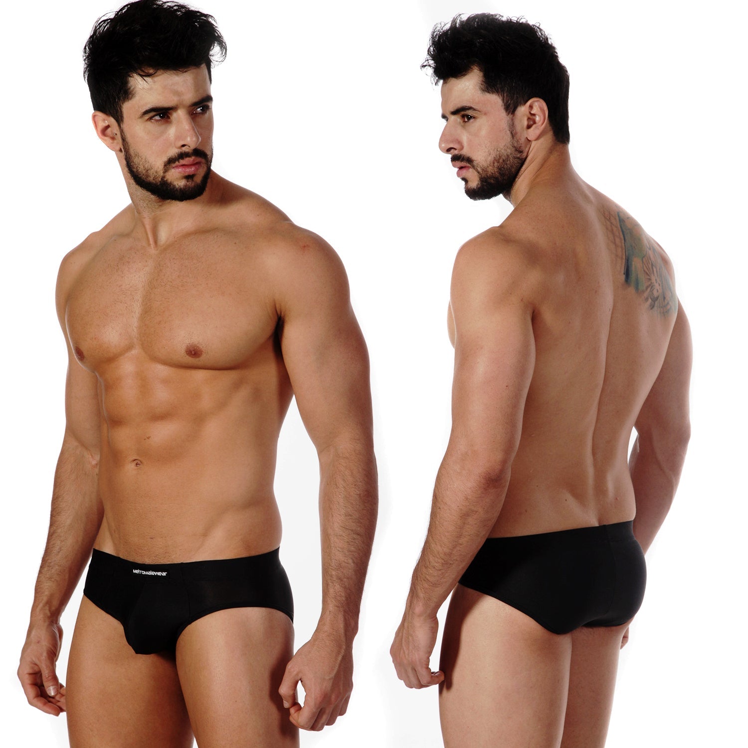 Black MetroMaleWear sunbathing briefs with a subtle white logo on the waistband designed for comfort and style