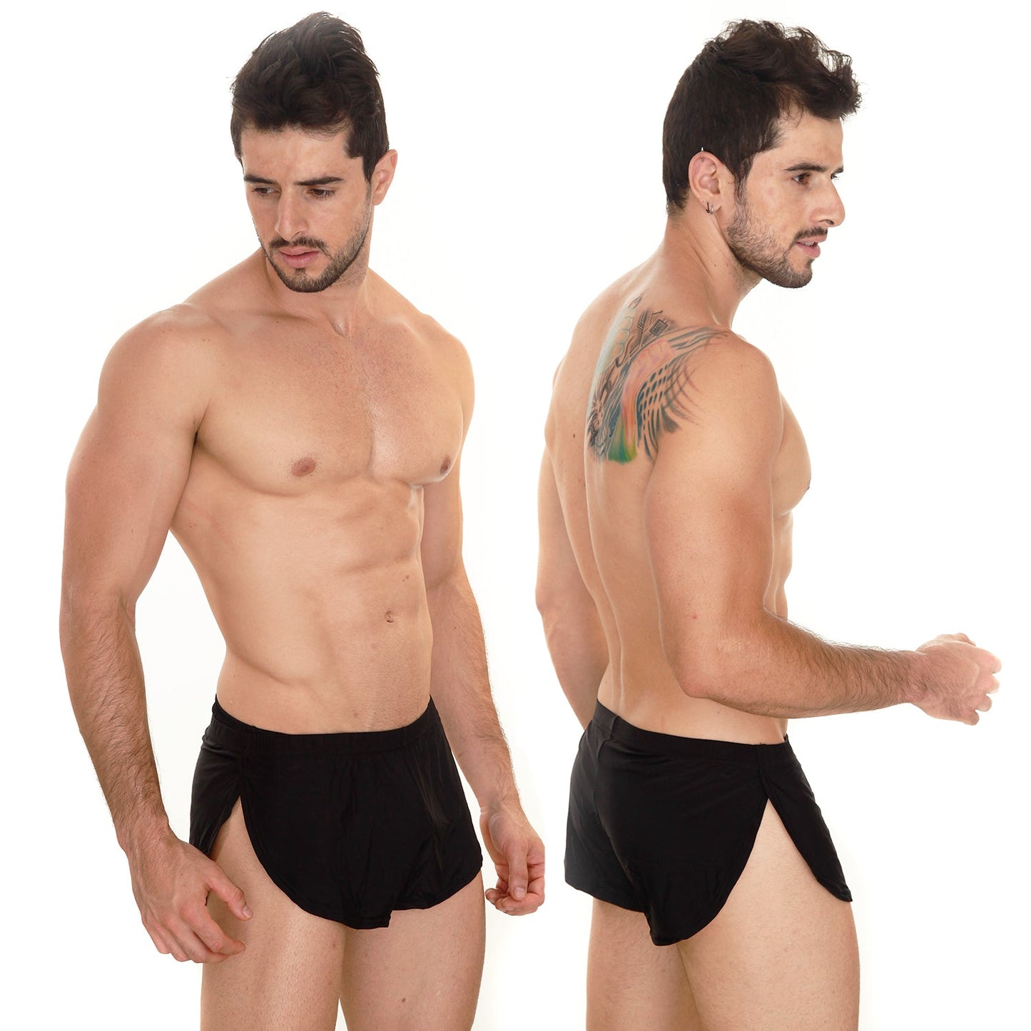 Black athletic shorts by metromalewear with a side slit design ideal for lounging and casual wear