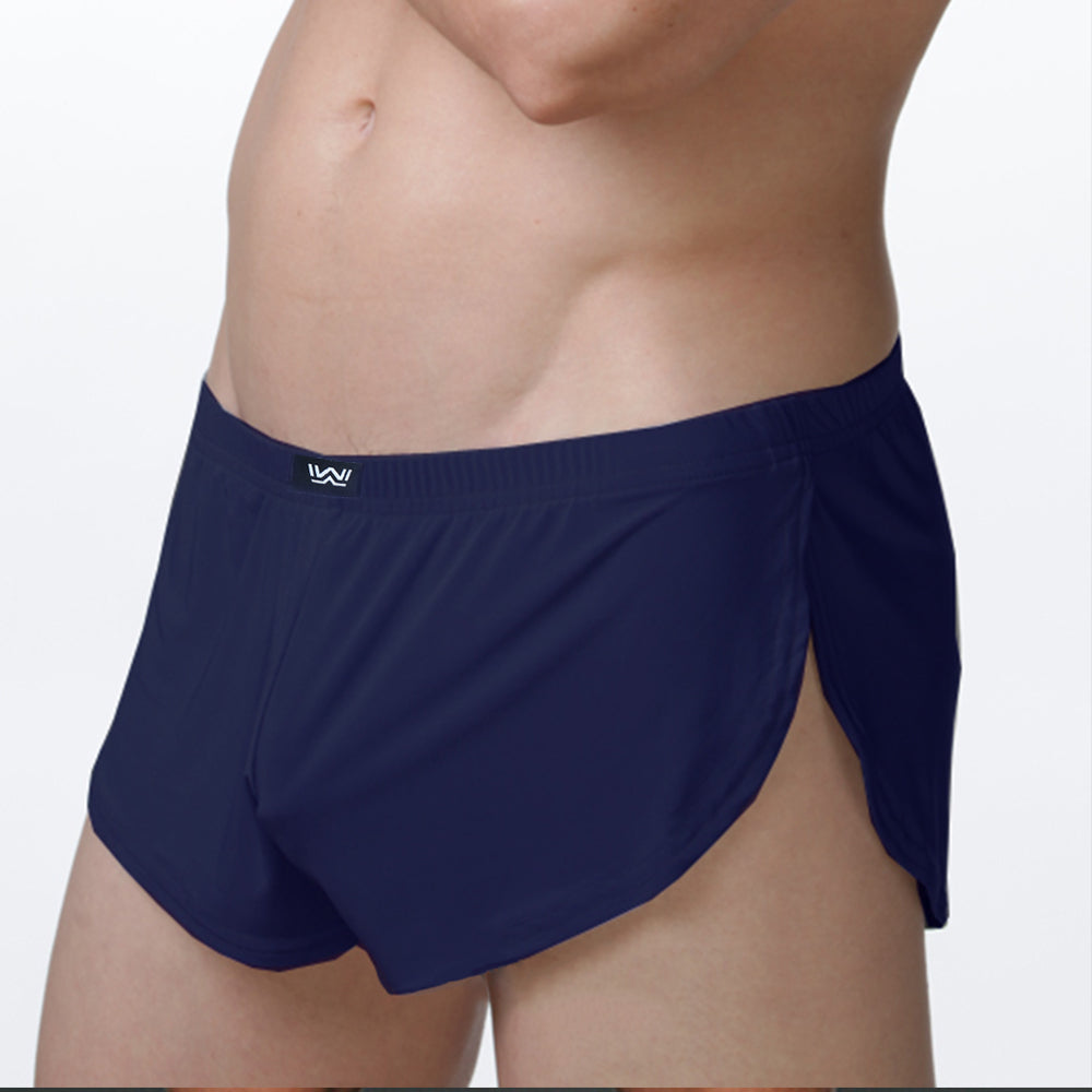 Navy blue metro male wear lounge split boxer athletic briefs with sleek form fitting design and side slits