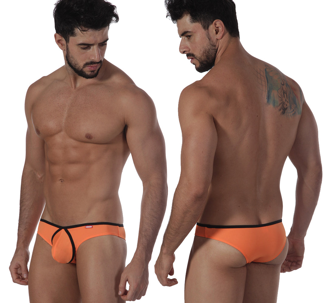 MetroMaleWear Lasso bikini orange swim trunks featuring bright orange fabric with black trim for stylish beachwear