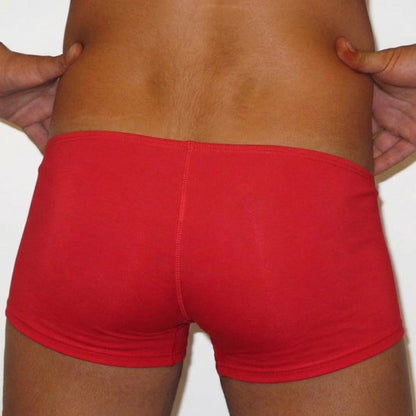 MetroMaleWear minimo boxer red briefs in smooth stretchy fabric shown from the back with a central seam