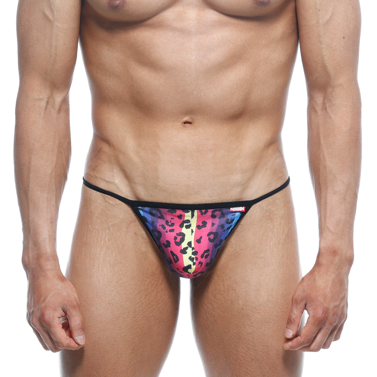 Vibrant rainbow leopard-print thong with black trim by metroMalewear perfect scene string neon 2014-05 front view