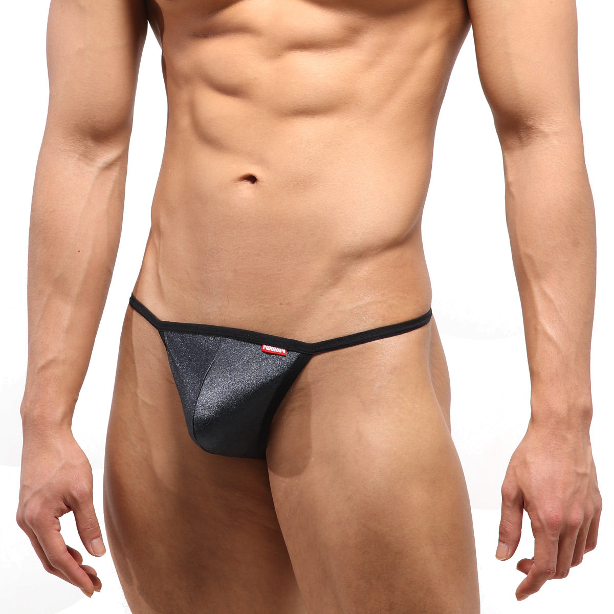 Black glittery thong with red brand tag on the side from MetroMaleWear Perfect Scene String Metal Gray 2014-11 collection