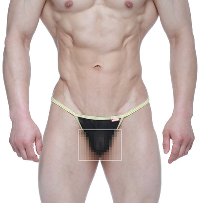Black mesh thong with yellow elastic waistband and trim from metromalewear perfect scene string tull 2014-21 collection