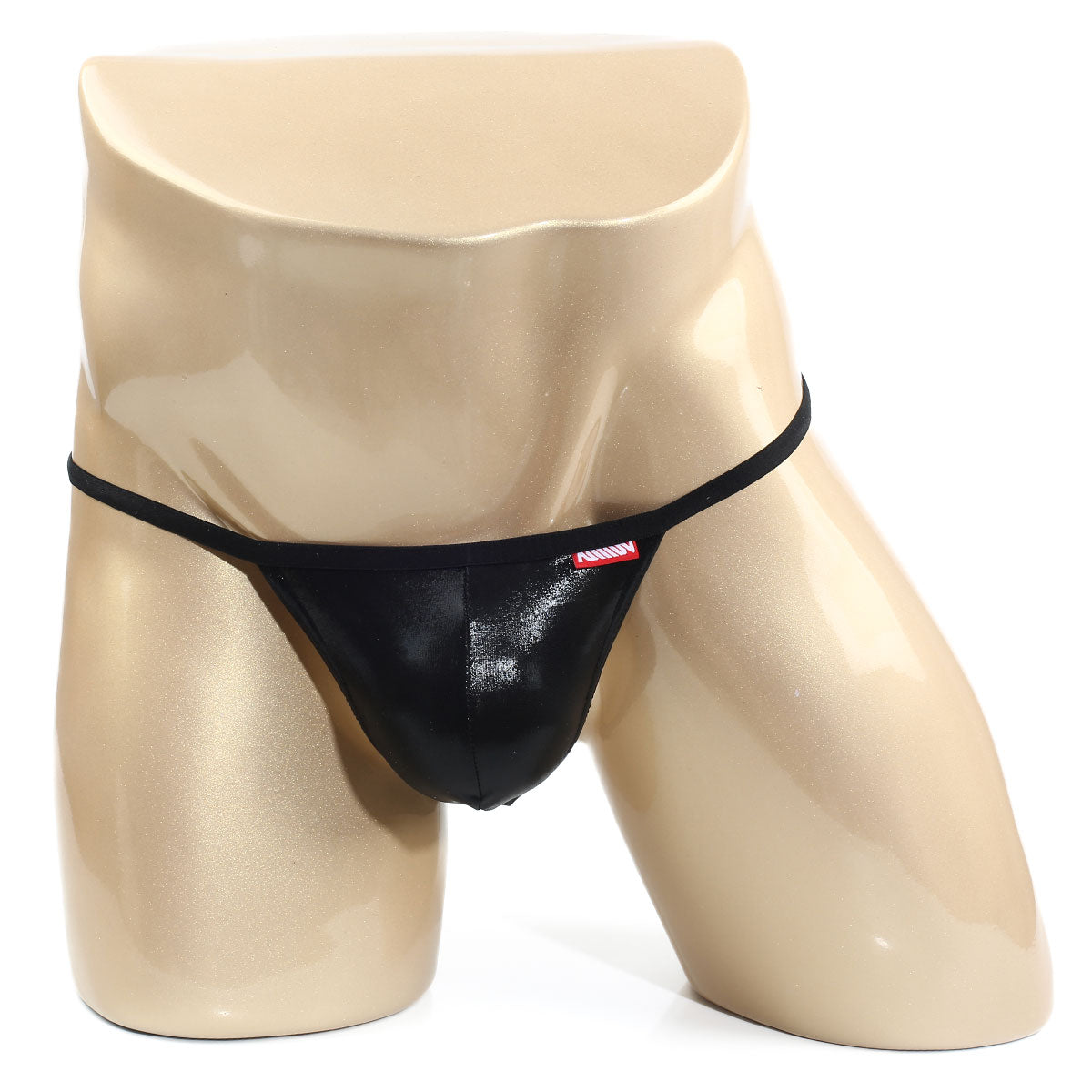 Black patent leather thong with red and white metro malewear brand tag on waistband perfect scene string pearl 2014-22