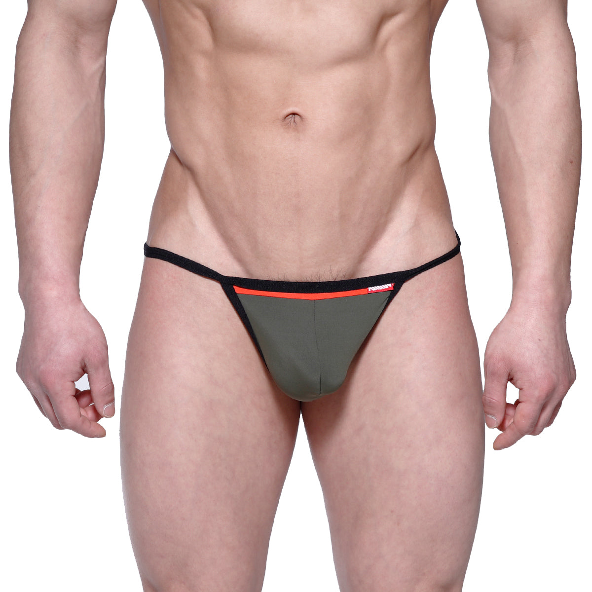 Olive green metro male wear reef string thong with black trim and red accent stripe for men