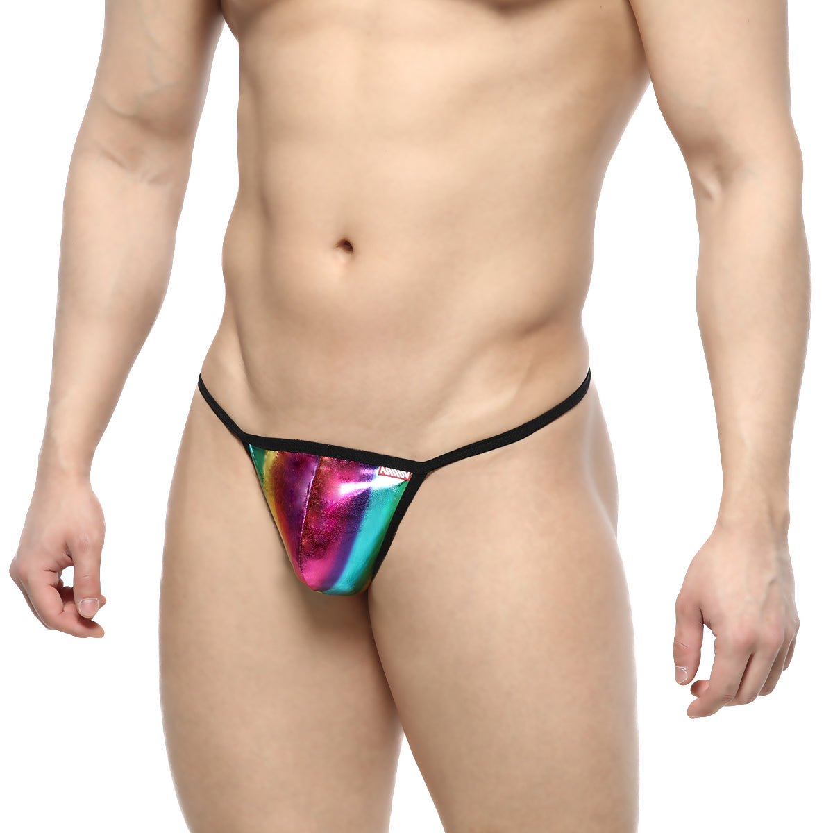 MetroMalewear perfect scene string thong in rainbow holographic material with black trim front view