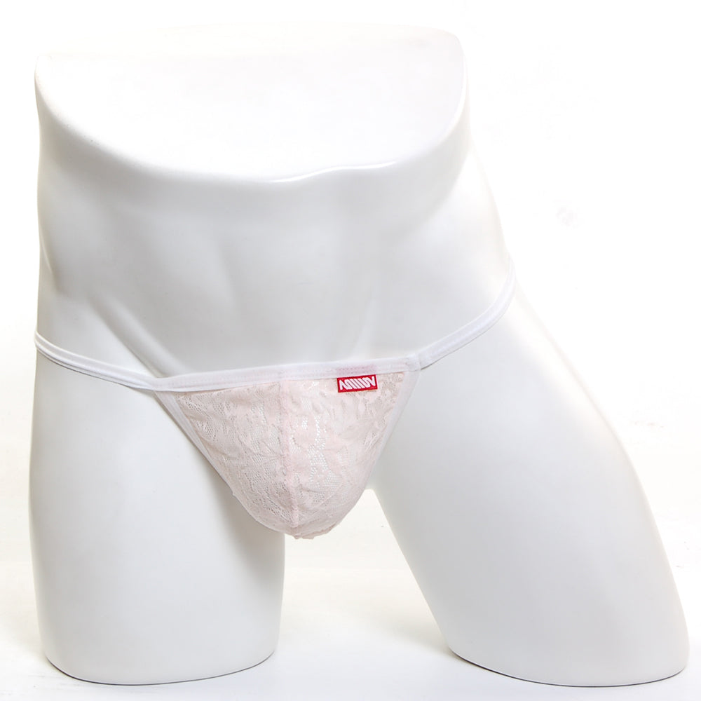 A delicate pink lace thong with a white elastic waistband and madison branding from metromalewear perfect scene string lace nude 2014-71
