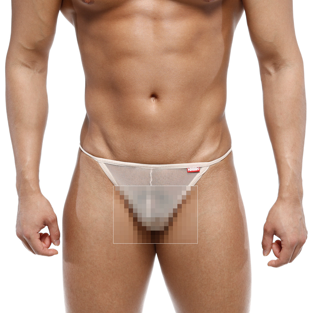 Beige mesh thong with a small red tag on the waistband from metromalewear perfect scene string nude 2014-76