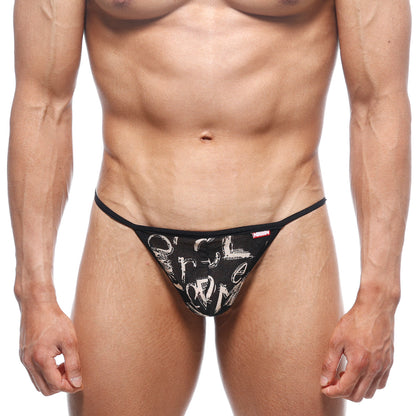 Black thong with white graffiti lettering and red brand tag on waistband from metromalewear perfect scene string oraculo 2014-78
