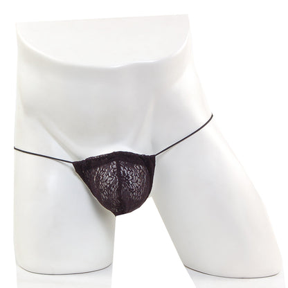 Black lace thong with thin elastic straps in microfiber by MetroMaleWear model 2015-48 in black color