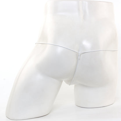 White glossy mannequin torso wearing MetroMaleWear microfiber white briefs with a thin center zipper and orange mesh detailing
