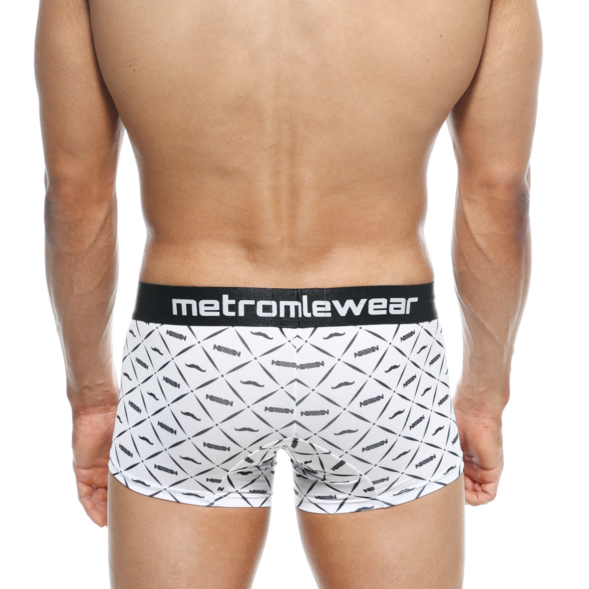 White metro male wear boxer briefs with black geometric mustache pattern and logo waistband short boxer caballero 7 inch