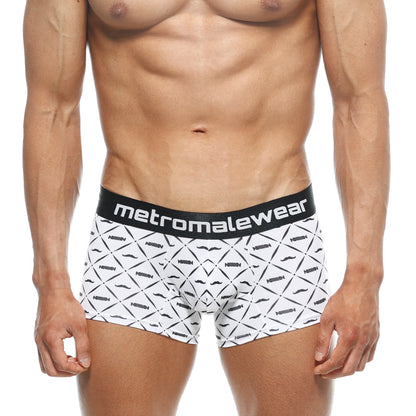 White men’s boxer briefs with black geometric pattern and mustache motifs by metromalewear on elastic waistband