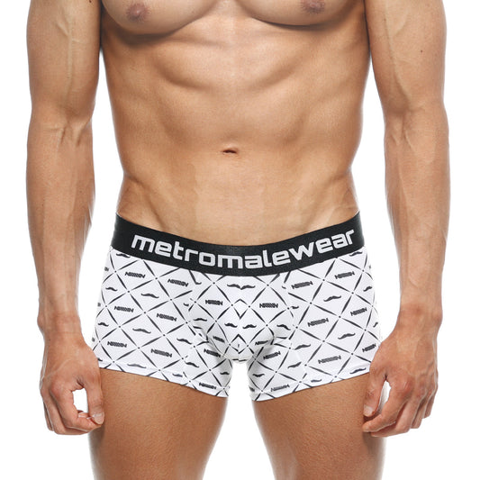 White men’s boxer briefs with black geometric pattern and mustache motifs by metromalewear on elastic waistband