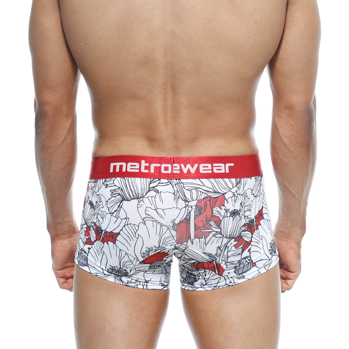 Metro male wear short boxer escobar 7 inch white and red floral patterned men’s boxer briefs with red metrowear waistband