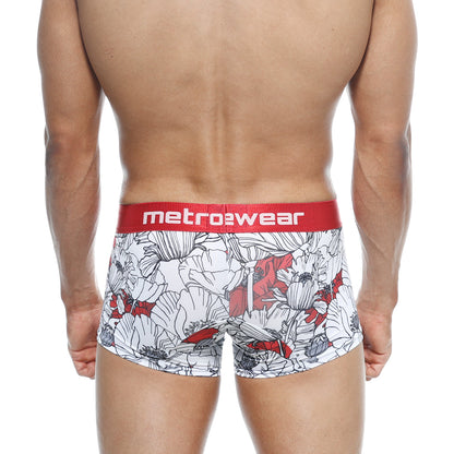 Metro male wear short boxer escobar 7 inch white and red floral patterned men’s boxer briefs with red metrowear waistband