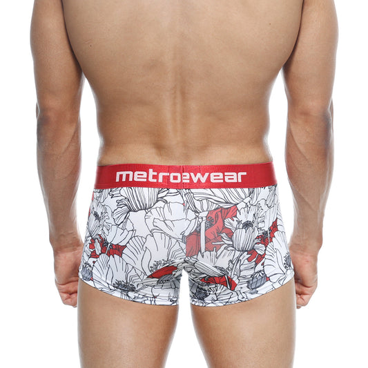 Metro male wear short boxer escobar 7 inch white and red floral patterned men’s boxer briefs with red metrowear waistband