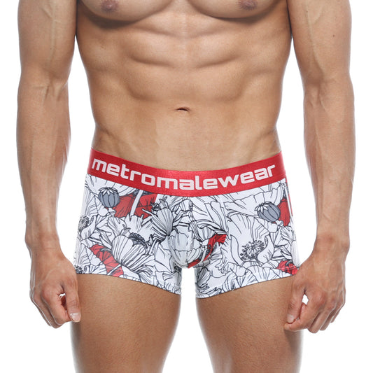 White boxer briefs with bold red and black floral pattern and red metromalewear branded waistband metroMalewear short boxer Escobar 7인치 2022-09
